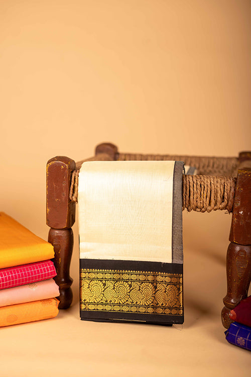 Beige and black silk cotton saree