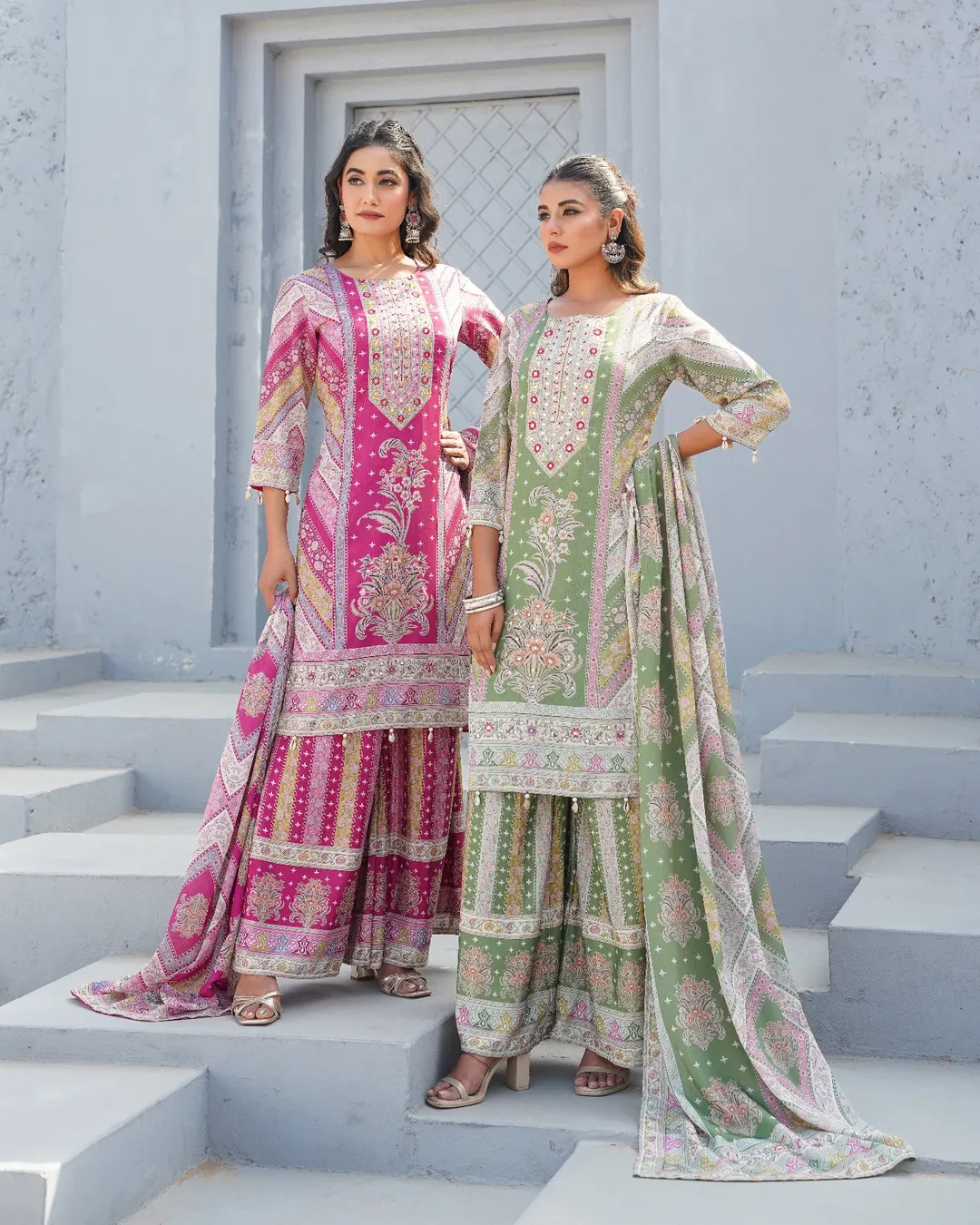 Festive Bloom – Mirror Accent Lawn Sharara Set