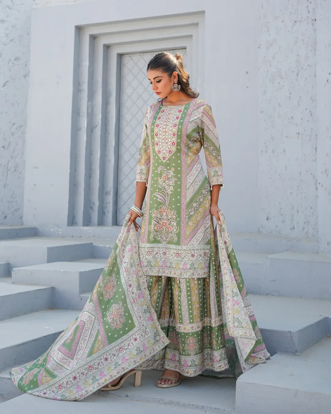Festive Bloom – Mirror Accent Lawn Sharara Set