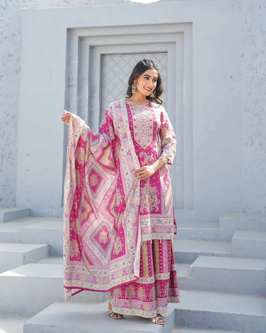 Zeenat – Magenta Floral Lawn Outfit with Dupatta