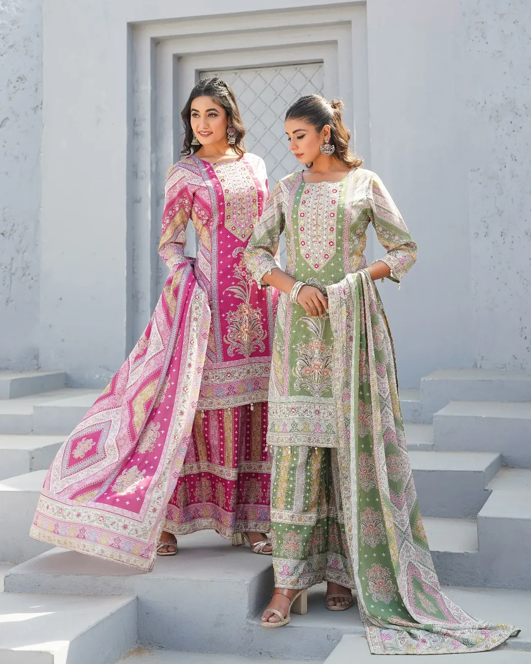 Festive Bloom – Mirror Accent Lawn Sharara Set