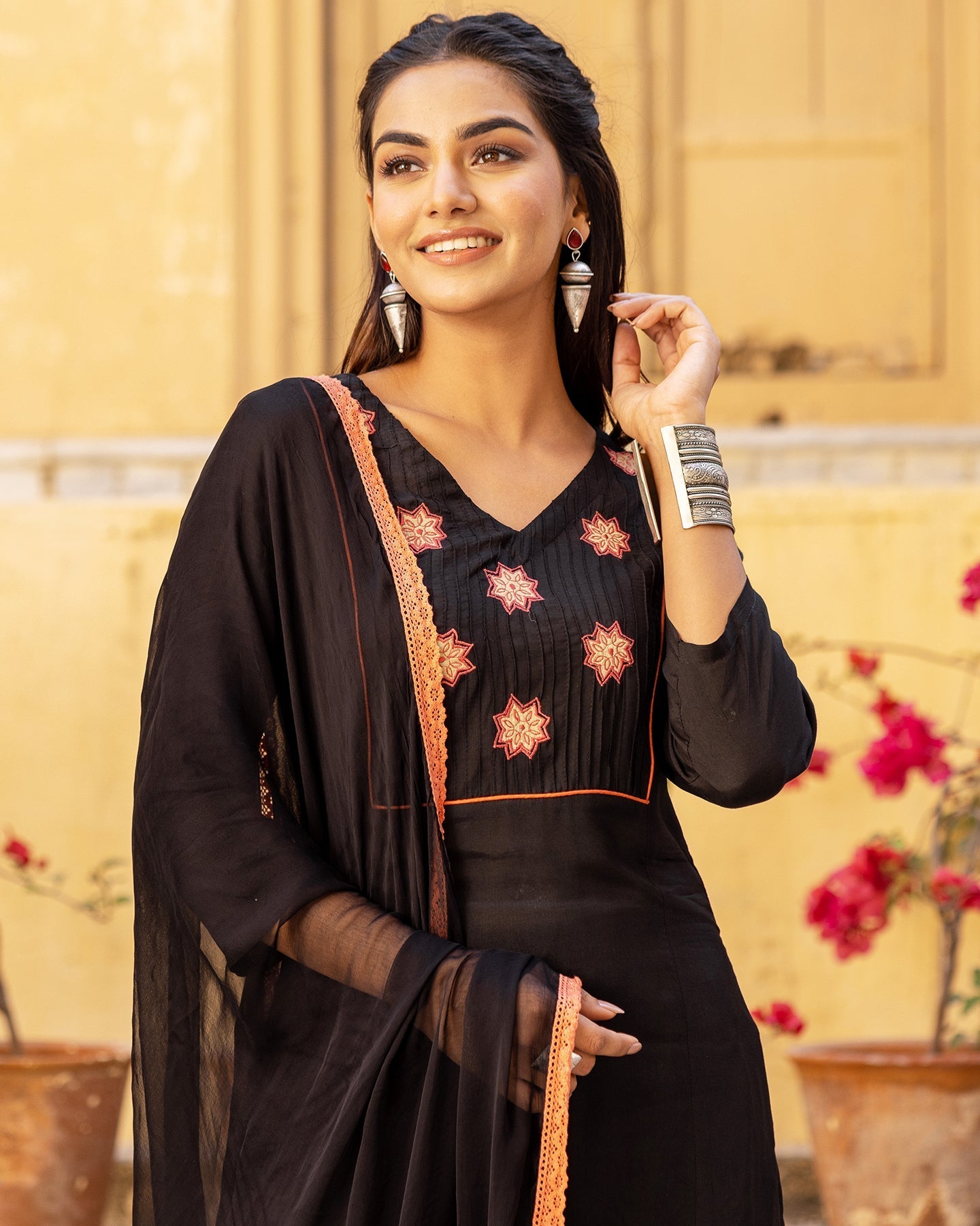 Black Muslin Patchwork Suit