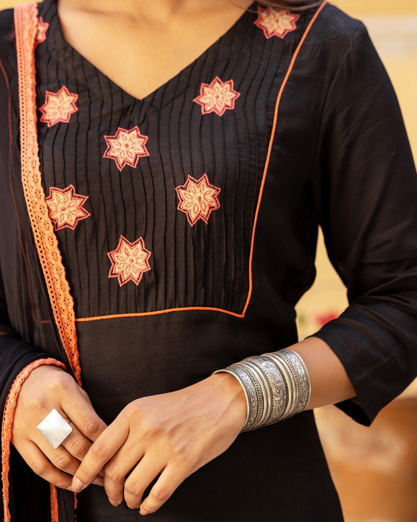 Black Muslin Patchwork Suit