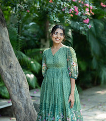 Bloom – Elegant Green Floral Anarkali Dress