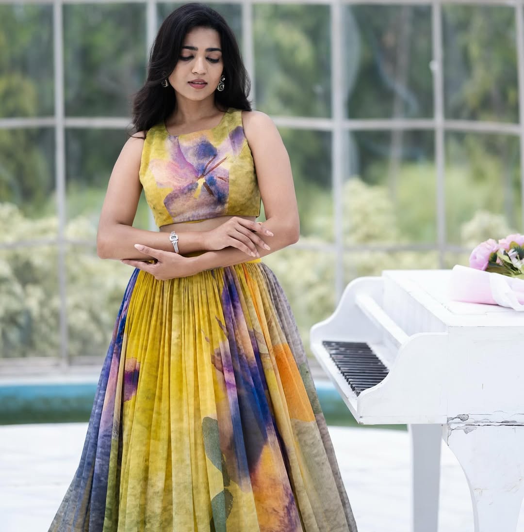 Yellow & Violet Hand-Painted Floral Crop Top & Lehenga Set