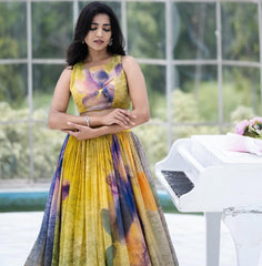 Yellow & Violet Hand-Painted Floral Crop Top & Lehenga Set