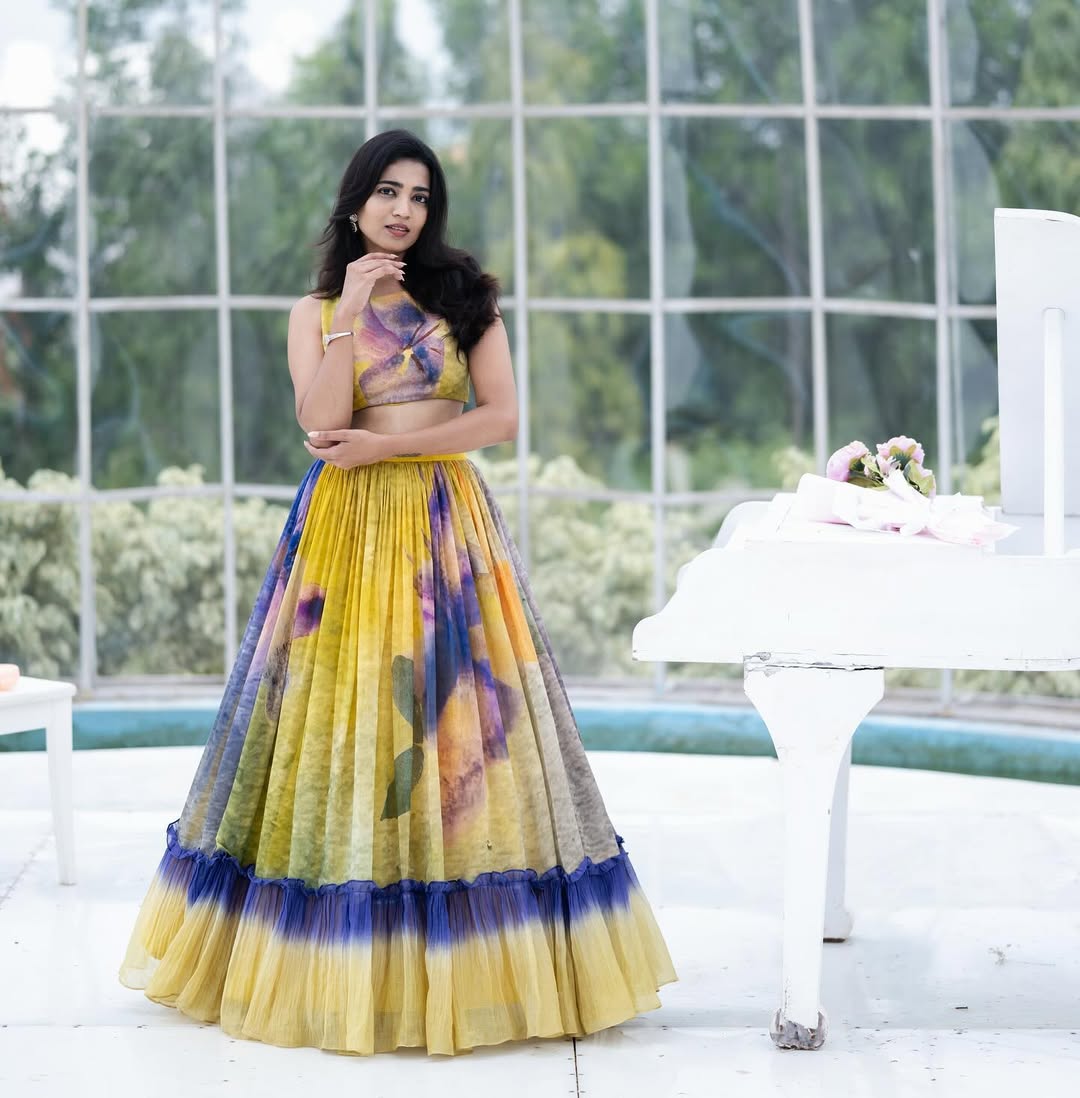 Yellow & Violet Hand-Painted Floral Crop Top & Lehenga Set